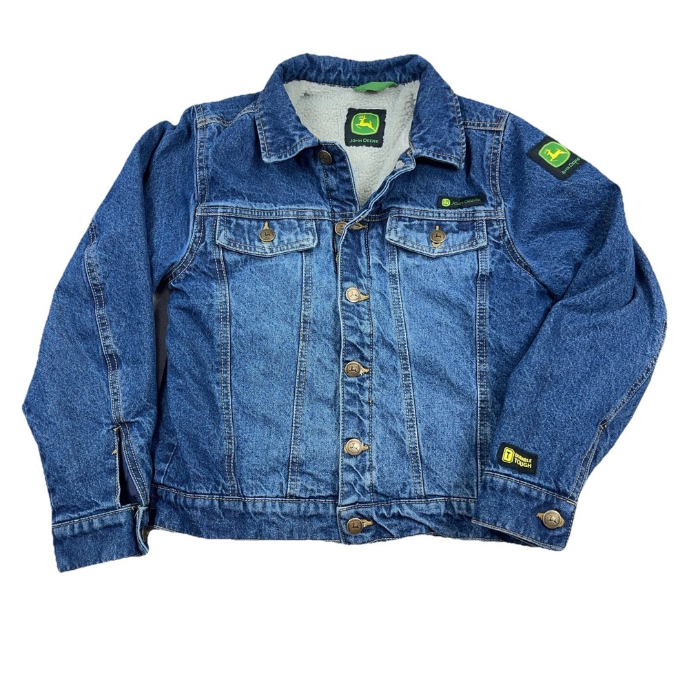 John Deere Denim Jacket Boys Medium Blue Sherpa Lined Western Youth Kids Retro